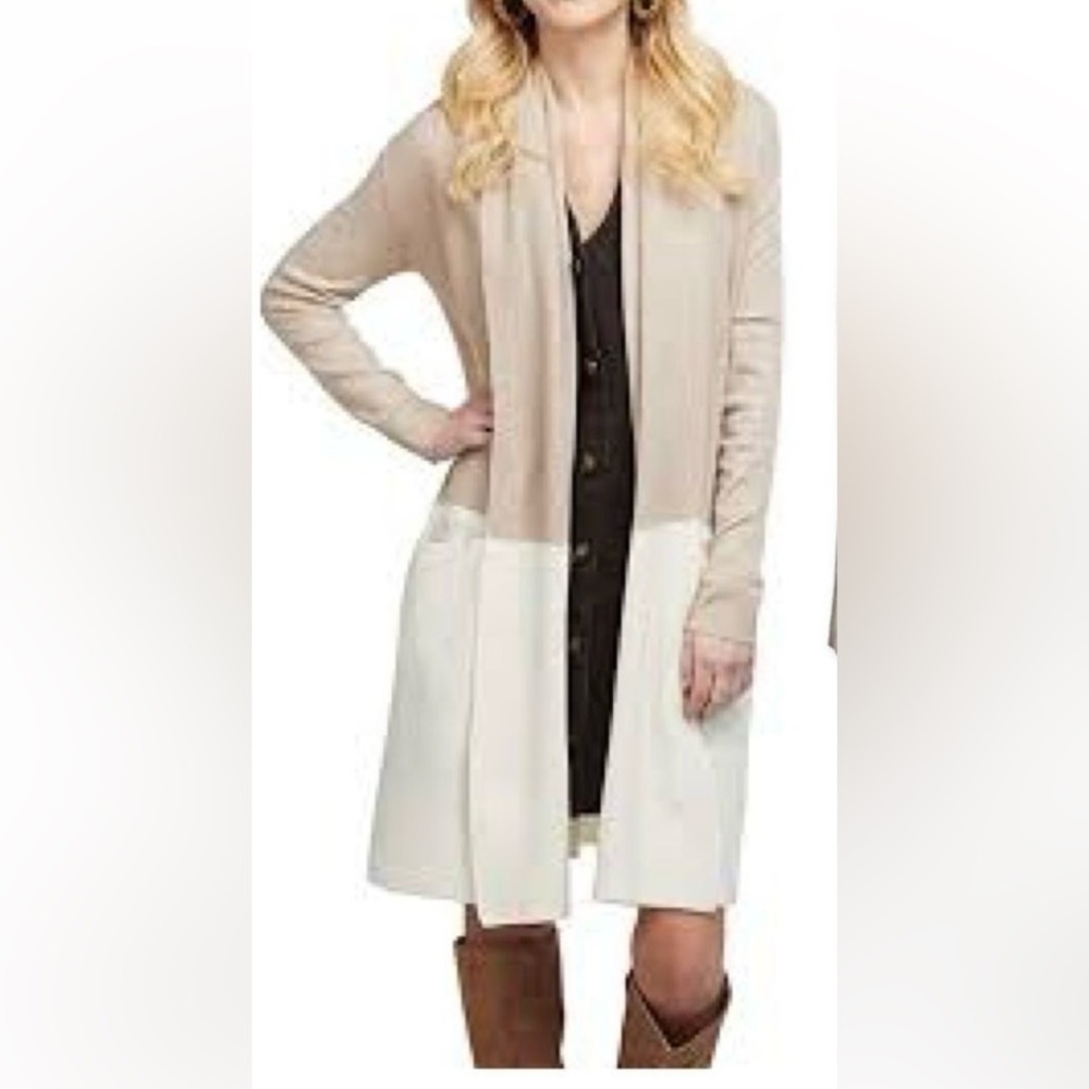 Mud Pie cardigan sweater midi long duster Two tone neutral cozy beige medium lge